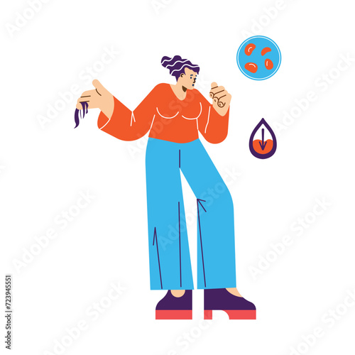Anemia symptoms medical poster, hair loss and nail changes, pale skin symptoms of the anemia disease vector infographics