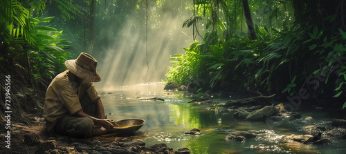 weary prospector sitting beside a stream with a gold pan, reflecting on his day, surrounded by lush greenery and the gentle flow of water, with soft