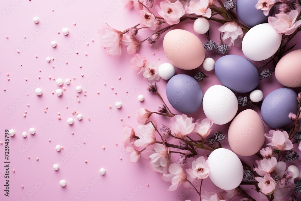 Pastel easter eggs in soft pink background surrounded by flowers, top view with empty space for text