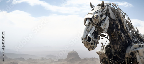 Une illustration futuriste d'un robot cheval, dans la nature, image avec espace pour texte.
