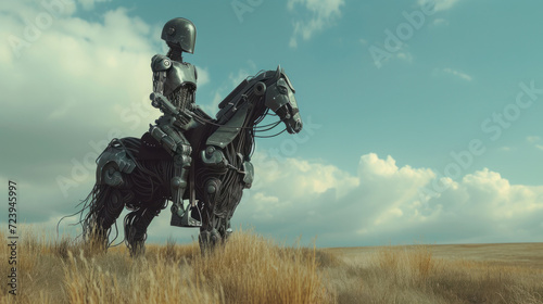Une illustration futuriste d'un robot assis sur un cheval robotisé, dans la nature, image avec espace pour texte. © David Giraud