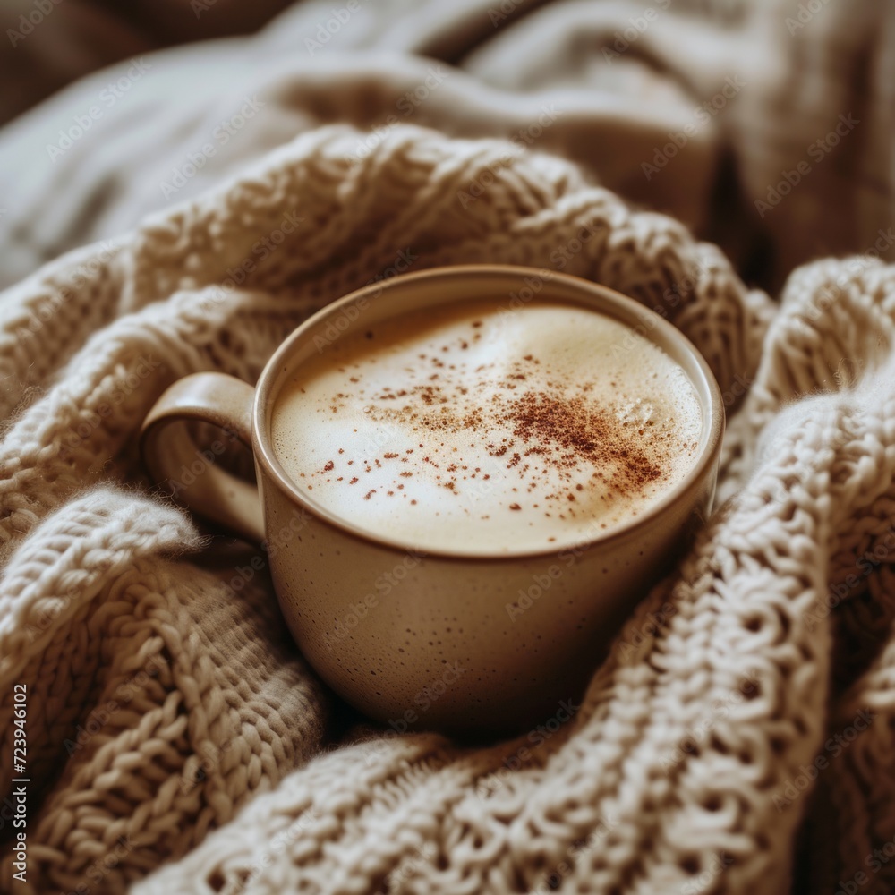 A cozy cup of cappuccino with cinnamon, nestled in a soft, knitted blanket. Perfect for warm, relaxing moments. A cozy cup of cappuccino with cinnamon, nestled in a soft, knitted blanket. Perfect for warm, relaxing moments.