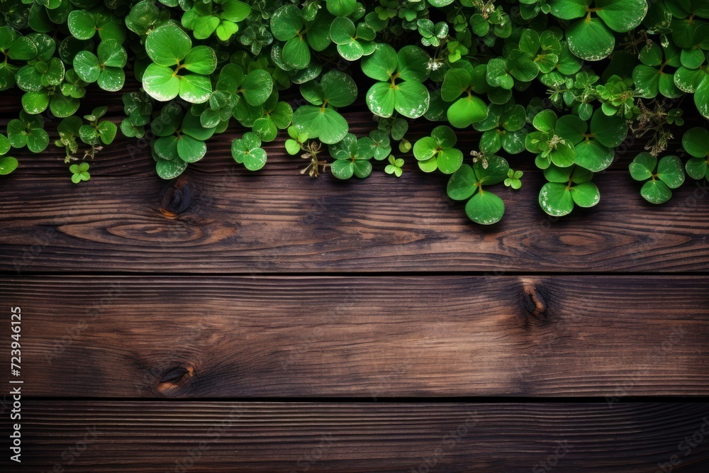 Des trèfles, dont certains à quatre feuilles, poussant sur un fond en bois, image avec espace pour texte. Des trèfles, dont certains à quatre feuilles, poussant sur un fond en bois, image avec espace pour texte.