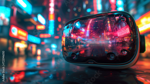 Portrait of amazed young woman in a VR headset explores the metaverse's virtual space. Gaming and futuristic entertainment concept, Man uses metaverse technology in an industrial setting. Neon