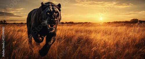 L'attaque d'une lionne noire, dans la savane africaine, au coucher du soleil, image avec espace pour texte. photo