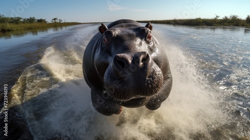 Une illustration d'un hippopotames bondissant hors d'une rivière africaine photo