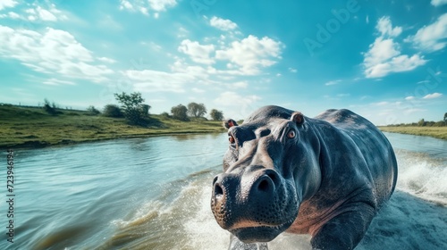 Une illustration d'un hippopotames bondissant hors d'une rivière africaine, image avec espace pour texte. photo