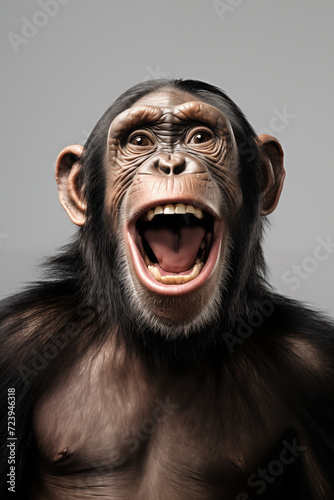 Le portrait d'un chimpanzé criant sur fond gris © David Giraud