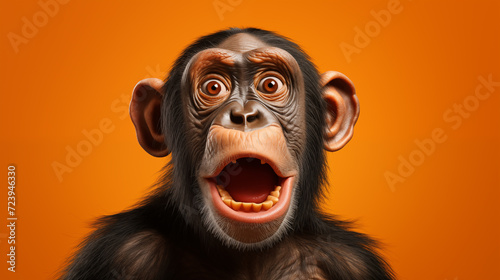 Le portrait d'un chimpanzé étonné sur fond orange © David Giraud