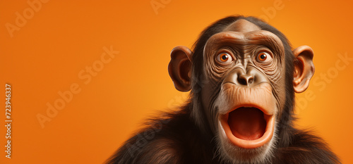 Le portrait d'un chimpanzé souriant sur fond orange, image avec espace pour texte. © David Giraud