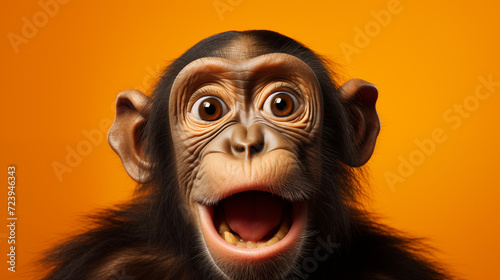 Le portrait d'un jeune chimpanzé souriant sur fond orange © David Giraud