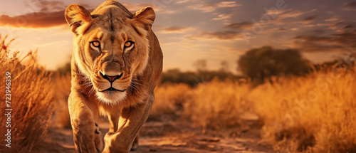 Une lionne marchant dans la savane africaine, au coucher du soleil, image avec espace pour texte. © David Giraud