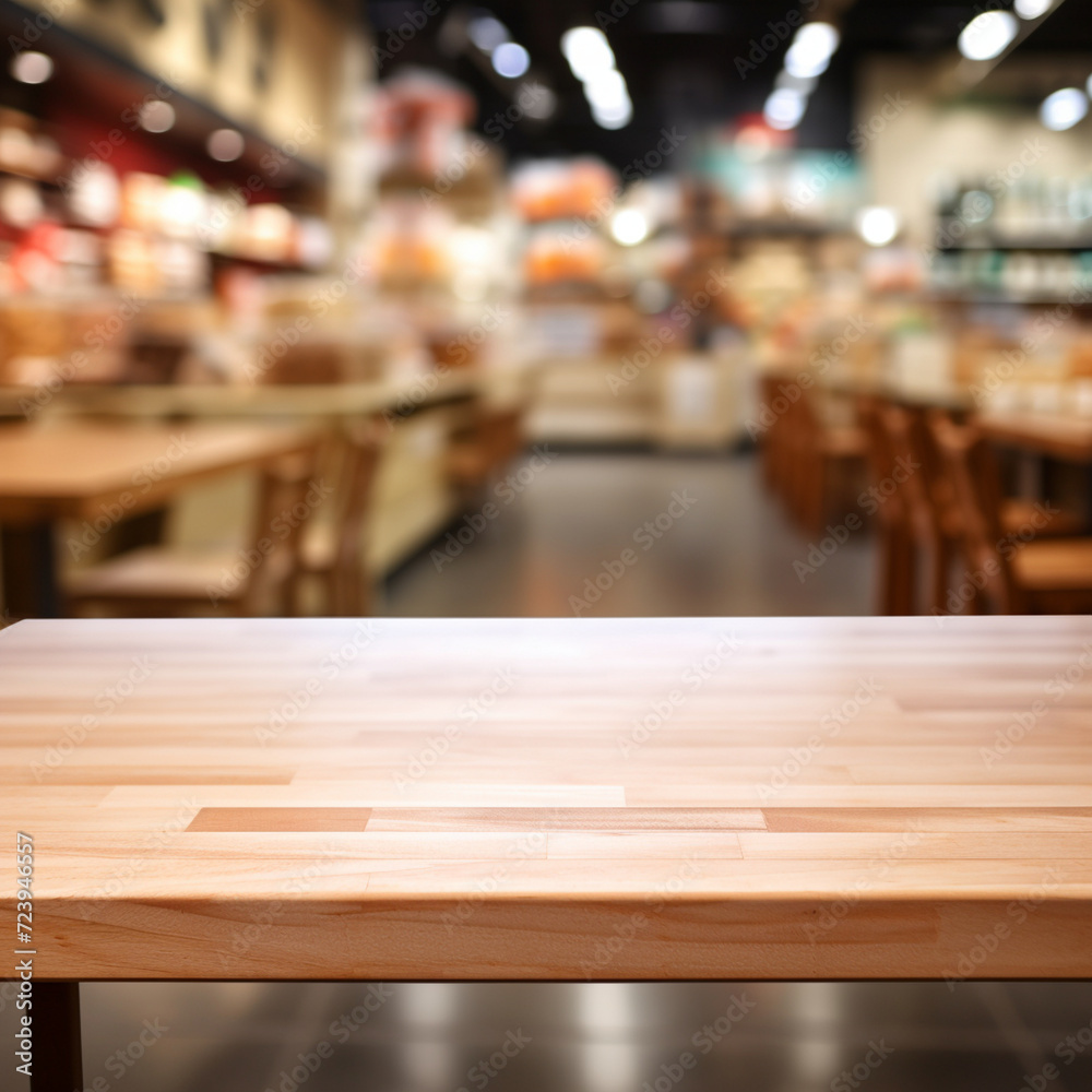 Empty wood table with a blurred supermarket,Wood table top on blur of supermarket product shelf background