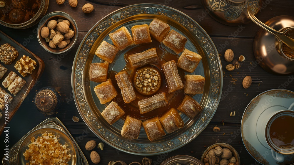 Traditional Turkish dessert baklava with cashew, and walnuts. Top view