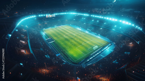 Large football field stadium with lights at night.