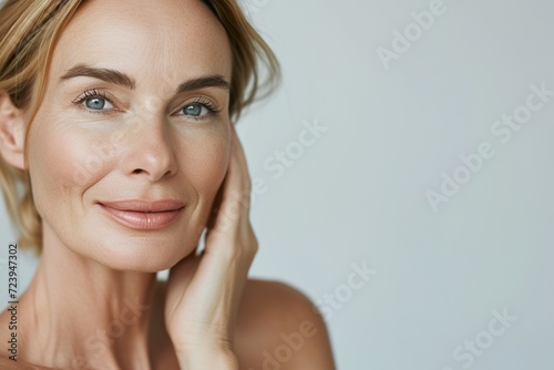  Skincare commercial model age more than 40  extremely realistic skin detail  upper body  mild smile  white skin