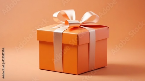 Gift box in peach fuzz color on peach background, concept for valentine's day, birthday, christmas, wedding
