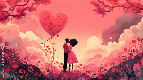 Romantic poster for Valentines day. Drawing of mixed race couple, hugging, kissing. Fantasy background, with hearts flowers, pink tones.