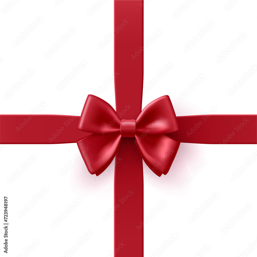 Realistic red bow with ribbon 3D. Top view, on a white background. For holiday, Christmas, and birthday gift ideas. Vector illustration Realistic red bow with ribbon 3D. Top view, on a white background. For holiday, Christmas, and birthday gift ideas. Vector illustration