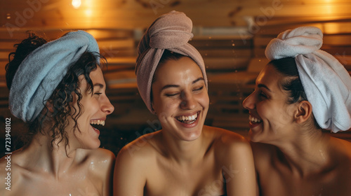 Friends take fun in sauna.  © Vika art