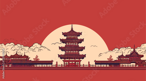 Architectural vector illustration inspired by Asian pagodas featuring intricate roof details and elegant lines capturing the cultural richness and craftsmanship in traditional building styles.