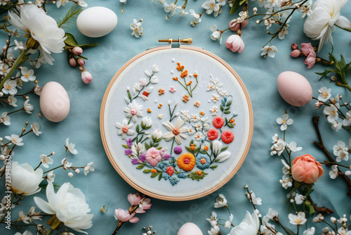 Flat lay postcard with a hoop with beautiful flowers embroidery, on a table, surrounded by colorful Easter eggs painted in different colors to celebrate Easter. Top down view. photo