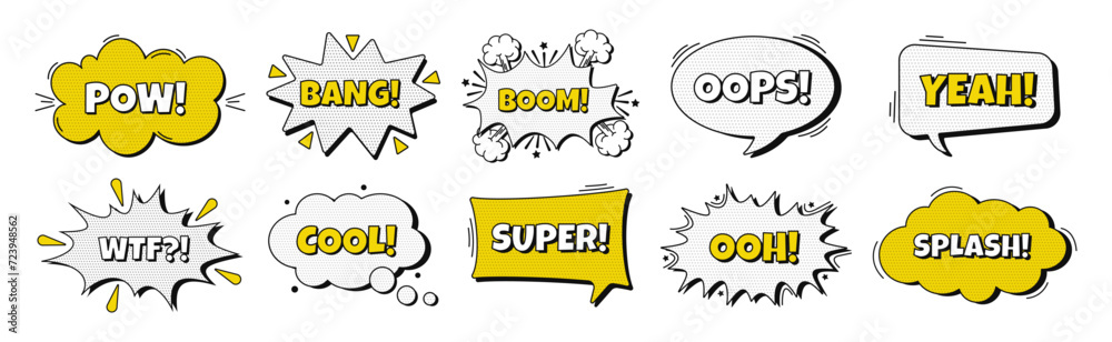 Set of comic speech bubbles with text and halftone. White and yellow ...