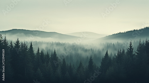 panorama of a coniferous forest in the mist of tree tops  Misty landscape with fir forest in hipster vintage retro style  misty forest landscape Generative AI