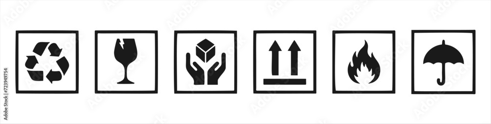 Common packaging warning symbols. Falt packaging icons. Common packaging warning symbols. Falt packaging icons.