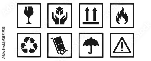 Common packaging warning symbols. Falt packaging icons.