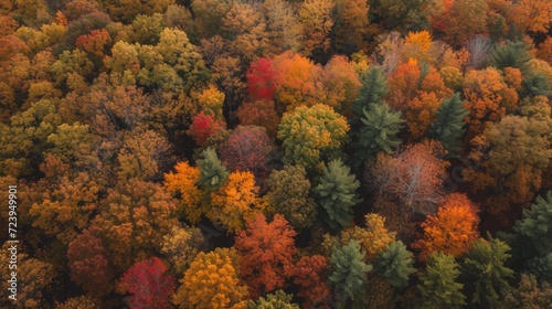 Stunning Aerial Shot of Colorful Autumn Forest with Vibrant Orange and Red Trees AI Generated.