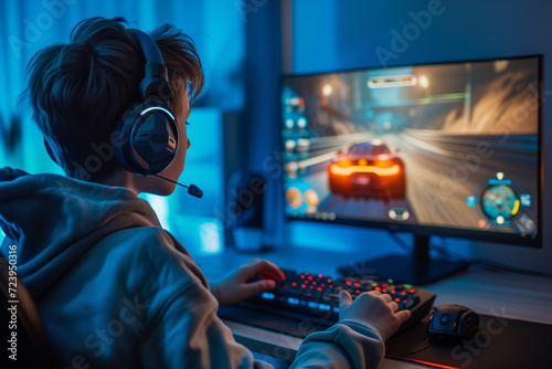 Teenage boy wearing big headphones playing racing game at home. Young teen kid playing videogame on his desktop computer. Computer games addiction in children. photo