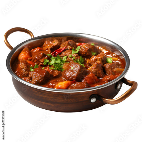 Beef meat stewed with potatoes, carrots and spices in cast iron pot on burned on a png background