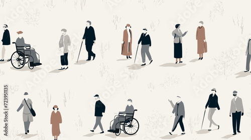 silhouettes of caregivers and seniors forming a seamless pattern  celebrating the nurturing and respectful relationships between caretakers and older individuals. simple minimalist illustration