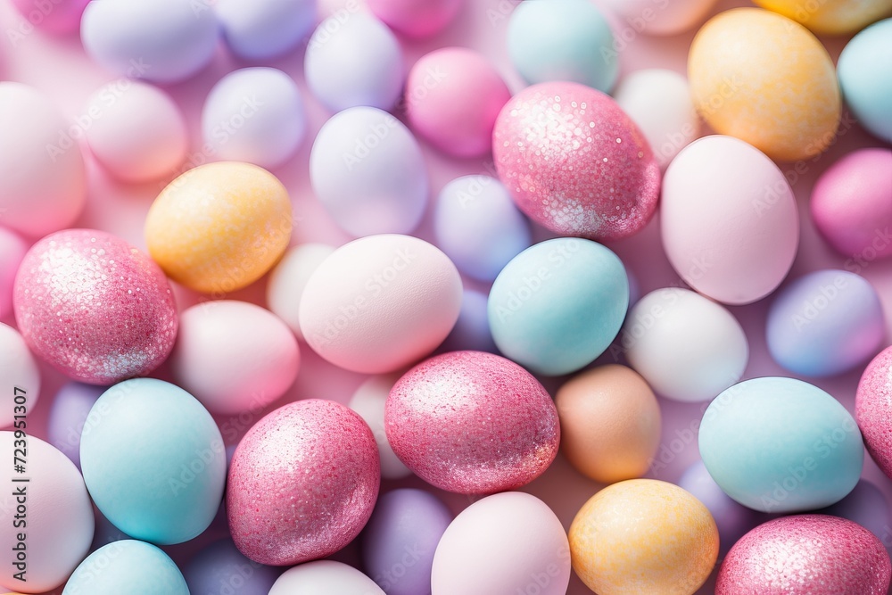Pastel easter eggs with flower decor on pink background, top view, empty space for text Pastel easter eggs with flower decor on pink background, top view, empty space for text