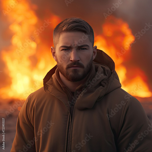 Man Standing Dramatically With Fire Raging In the Background
