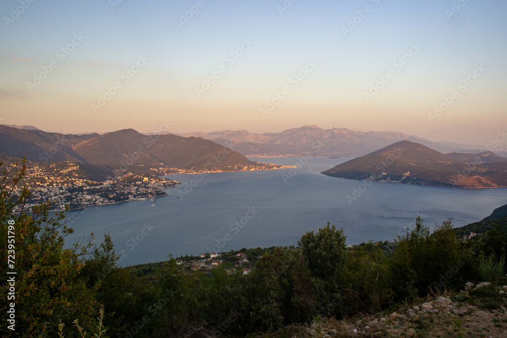View of Herceg Novi Bay from the mountain near the town of Ihalo at sunset