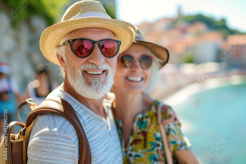 Beautiful senior couple having fun while visiting small Italian town on sunny summer day. Elderly man and woman posing on city street.
