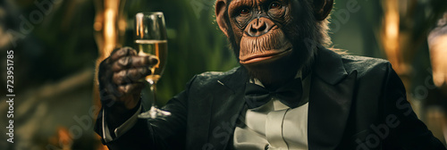 Leinwand Poster ape wearing tuxedo suit holds out a champagne glass isolated on dark green backg