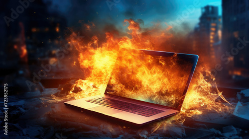 Burning laptop and keyboard, equipment fire due to faulty battery and wiring. Laptop Computer setting the world on fire. photo