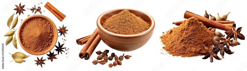 Collection of spices and herbs, Indian spices homemade biryani masala powder, vegetarian or non vegetarian cooking isolated on white background Collection of spices and herbs, Indian spices homemade biryani masala powder, vegetarian or non vegetarian cooking isolated on white background