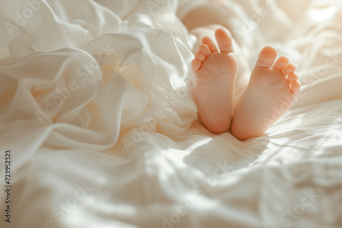 Newborn baby feet on knitted white blanket on sunny morning.