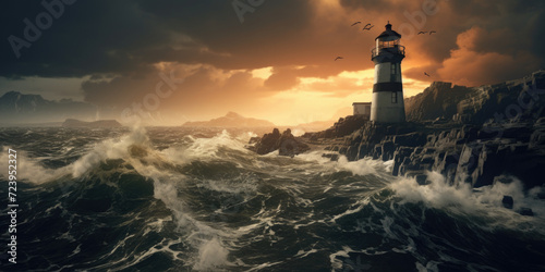Lighthouse In Stormy Landscape - Leader And Vision Concept