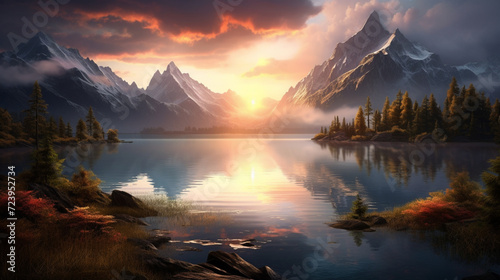 Breathtaking natural landscape with the sun rising over mountain peaks, and a tranquil lake reflecting the morning light
