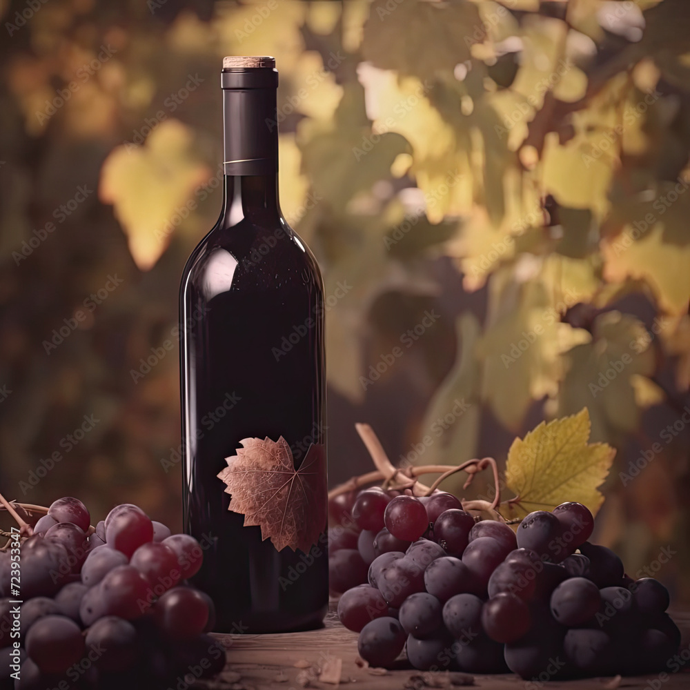 Bottle of Red Wine Stood next To Bunch of Red Grapes Outdoors