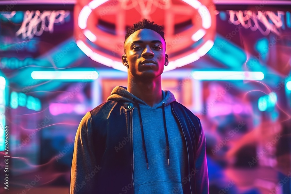 Obraz premium Male African basketball player in a dynamic pose with bright neon lighting in purple and pink tones. The guy is holding a basketball. Concept: themes of street and professional sports, activity