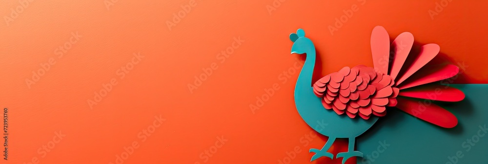 Obraz premium paper cut card turkey laying flat on a background with copy space Thanksgiving Concept with Turkey Bird