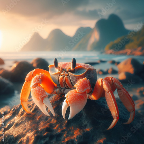 Crab on rock along the beach seashore design concept during the sunset photo