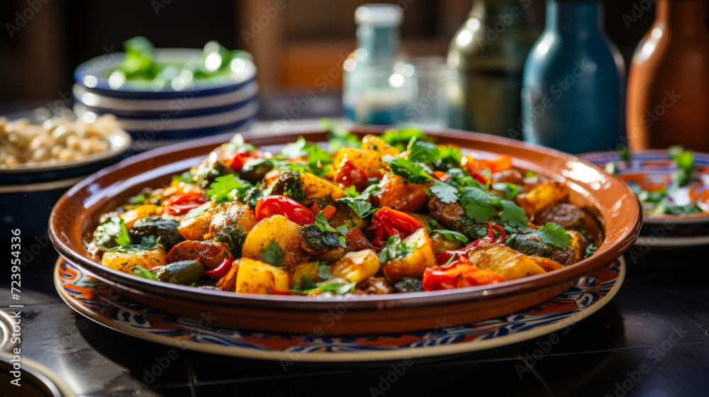 Rustic Moroccan Tagine with vibrant vegetables