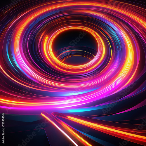 3d render. Abstract panoramic background of twisted dynamic neon lines glowing